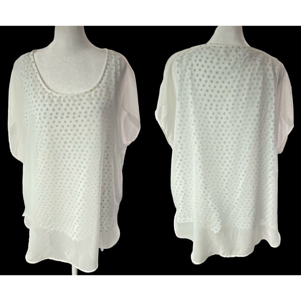 CHICO'S Women Top Sz 2X White Short Wide Sleeves Polka Dot Sheer Overlay 50-4‎